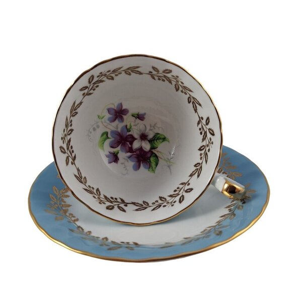 Aynsley Bone China Blue Gold Tea Cup Saucer Set Floral Interior Vintage - Picture 2 of 16